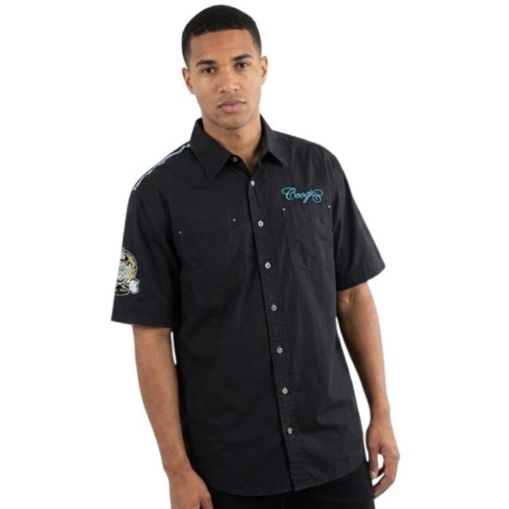 Coogi Mens Large Black Button Up Shirt Embroidered Logo Patch Casual Streetwear